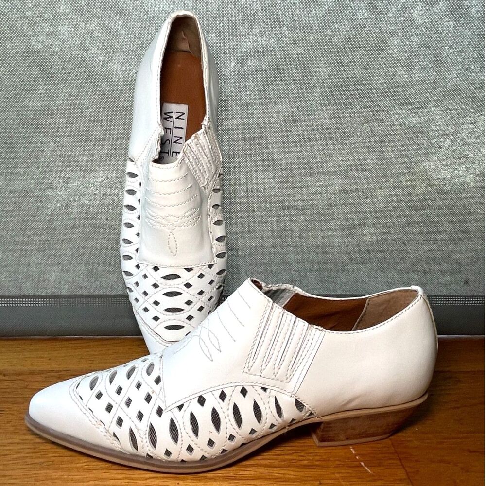 Nine West White Leather Cutout Pointed Toe Loafers Low Block Heel 8.5 M Brazil